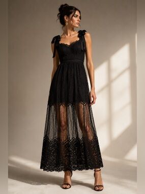 Gianni Bini Black Lace Tie-Shoulder Midi Dress | Size 12